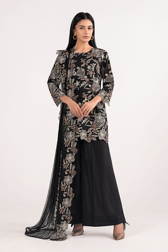 3 Piece Dobby Lawn Suit with Culottes and Net Dupatta - Black