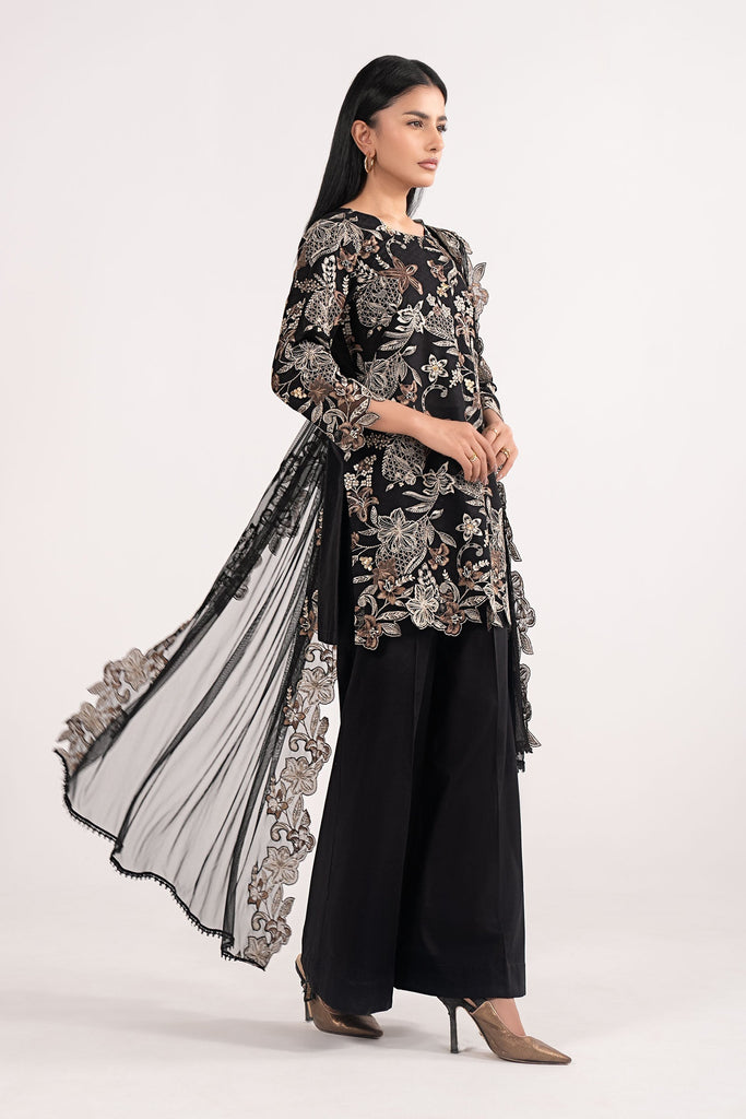 3 Piece Dobby Lawn Suit with Culottes and Net Dupatta - Black