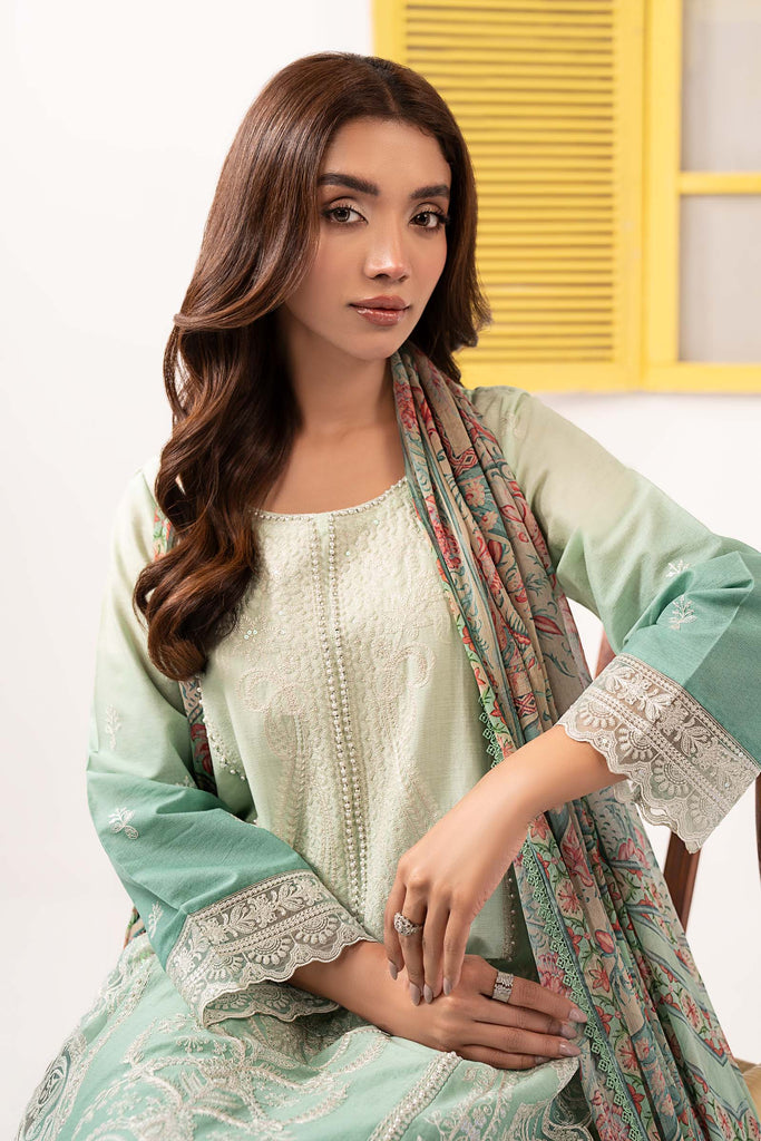 3 Piece Green Dobby Lawn Embroidered Suit