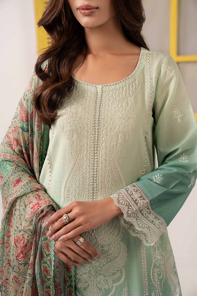 3 Piece Green Dobby Lawn Embroidered Suit