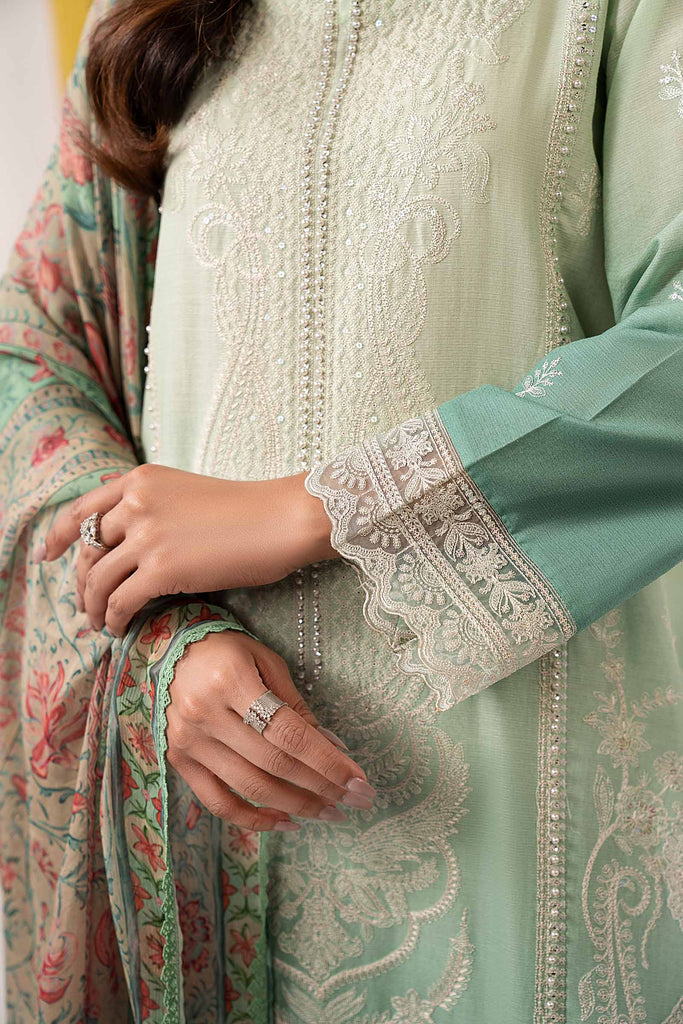 3 Piece Green Dobby Lawn Embroidered Suit