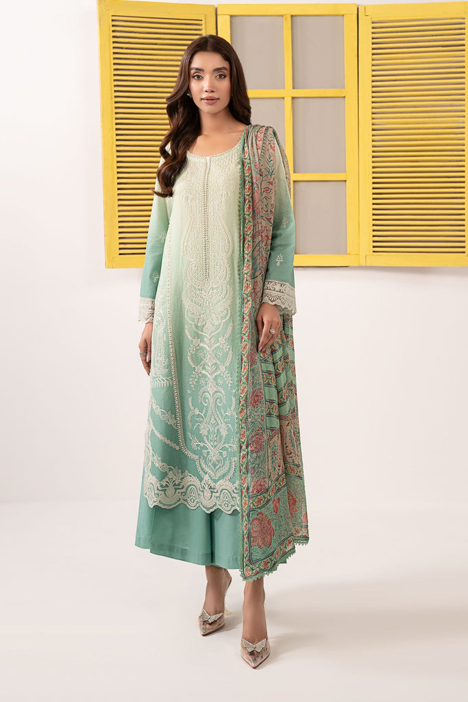 3 Piece Green Dobby Lawn Embroidered Suit