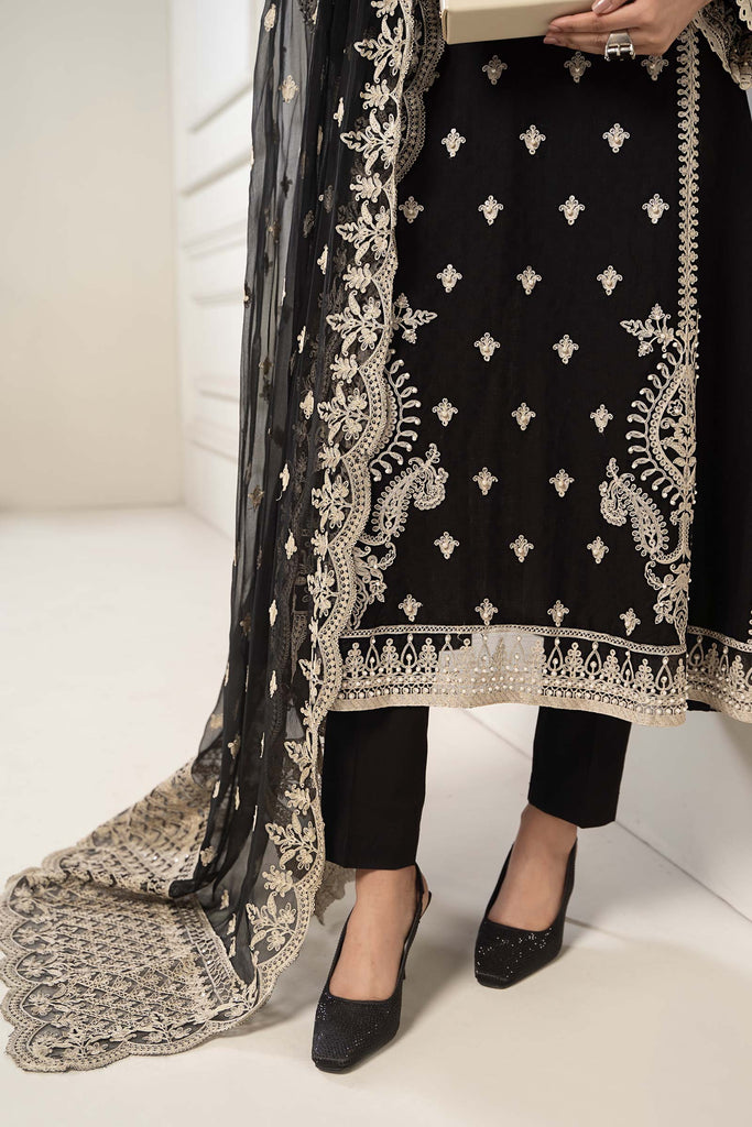 3 Piece Embroidered Self Jacquard Suit for Women – Black