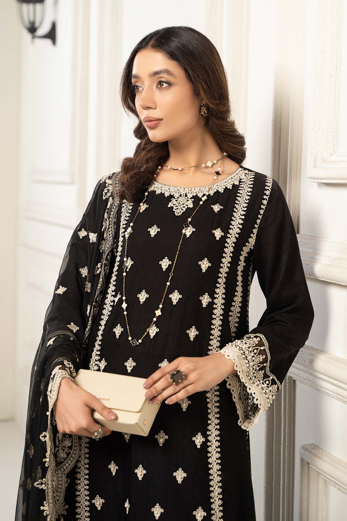 3 Piece Embroidered Self Jacquard Suit for Women – Black