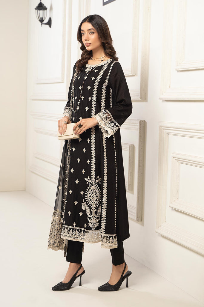 3 Piece Embroidered Self Jacquard Suit for Women – Black