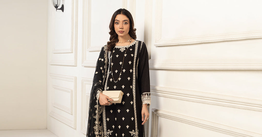 3 Piece Embroidered Self Jacquard Suit for Women – Black