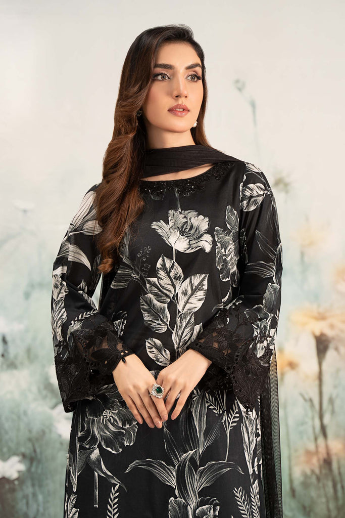 3 Piece Printed Lawn Suit for Women - Black