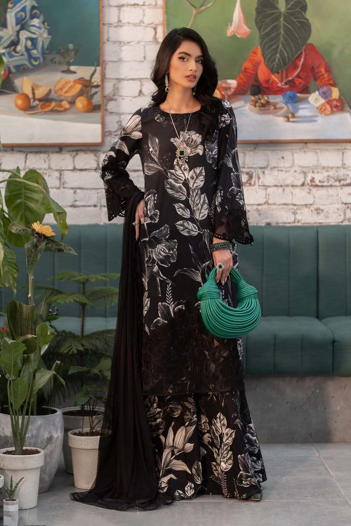 3 Piece Printed Lawn Suit for Women - Black