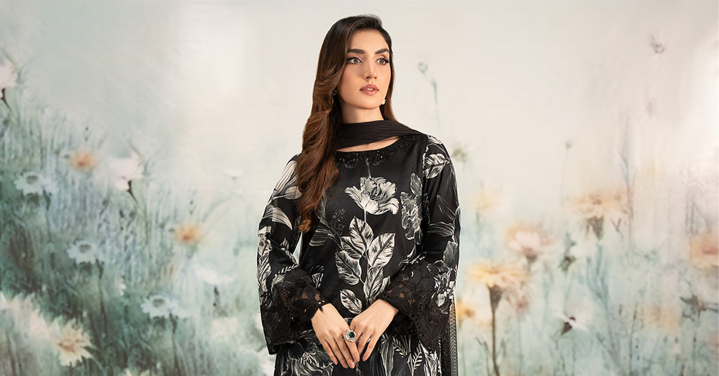 3 Piece Printed Lawn Suit for Women - Black