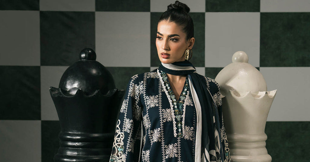 3 Piece Embroidered Lawn Suit in Blue for Women