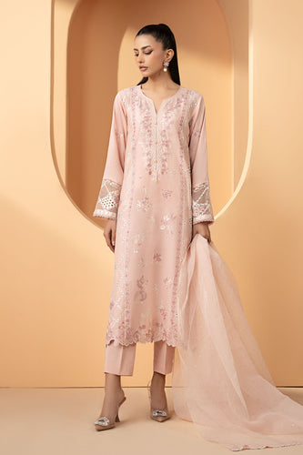 Embroidered Lawn Suit with Organza Dupatta - Pink