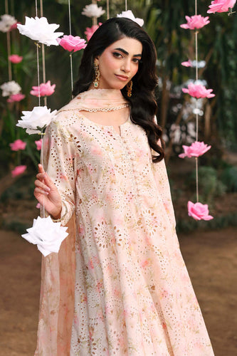 3 Piece Embroidered Beige Lawn Frock Suit