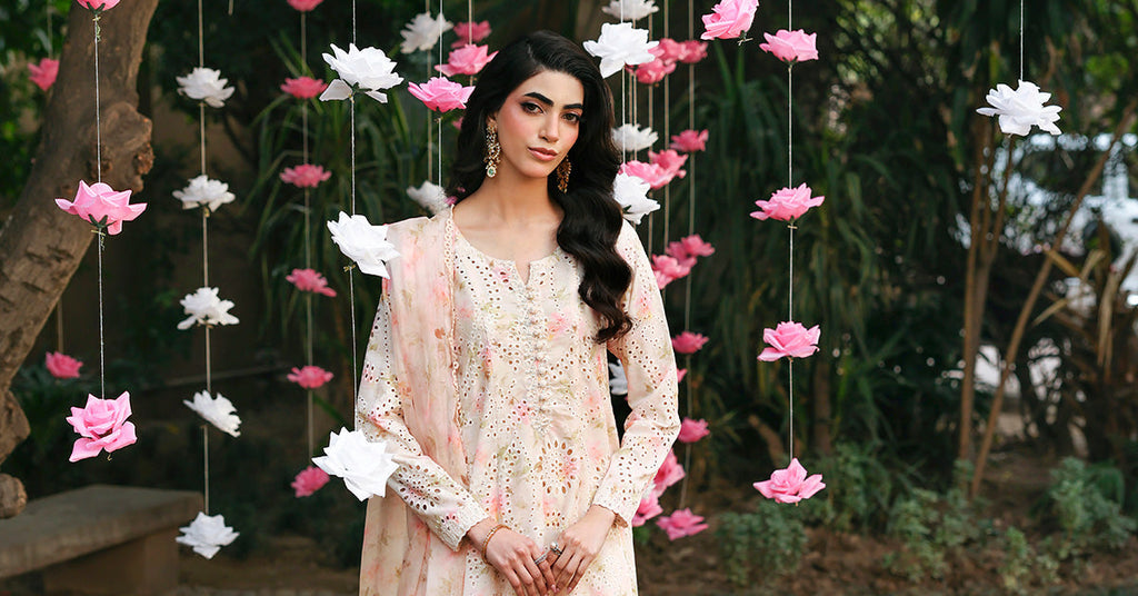 3 Piece Embroidered Beige Lawn Frock Suit
