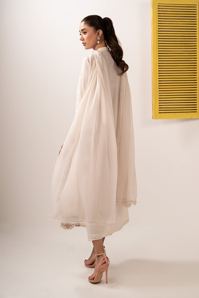 3 Piece Embroidered Lawn Suit with Organza Border - Off-White