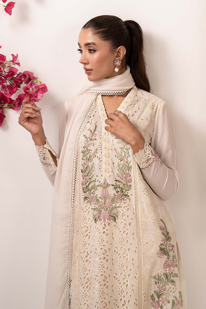 3 Piece Embroidered Lawn Suit with Organza Border - Off-White