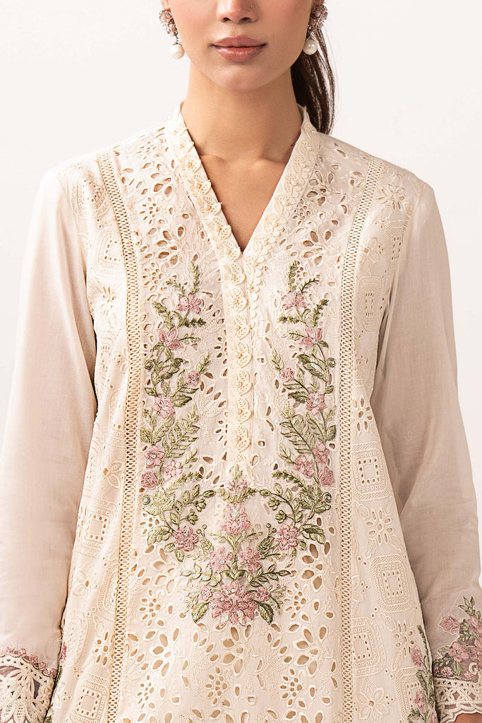 3 Piece Embroidered Lawn Suit with Organza Border - Off-White