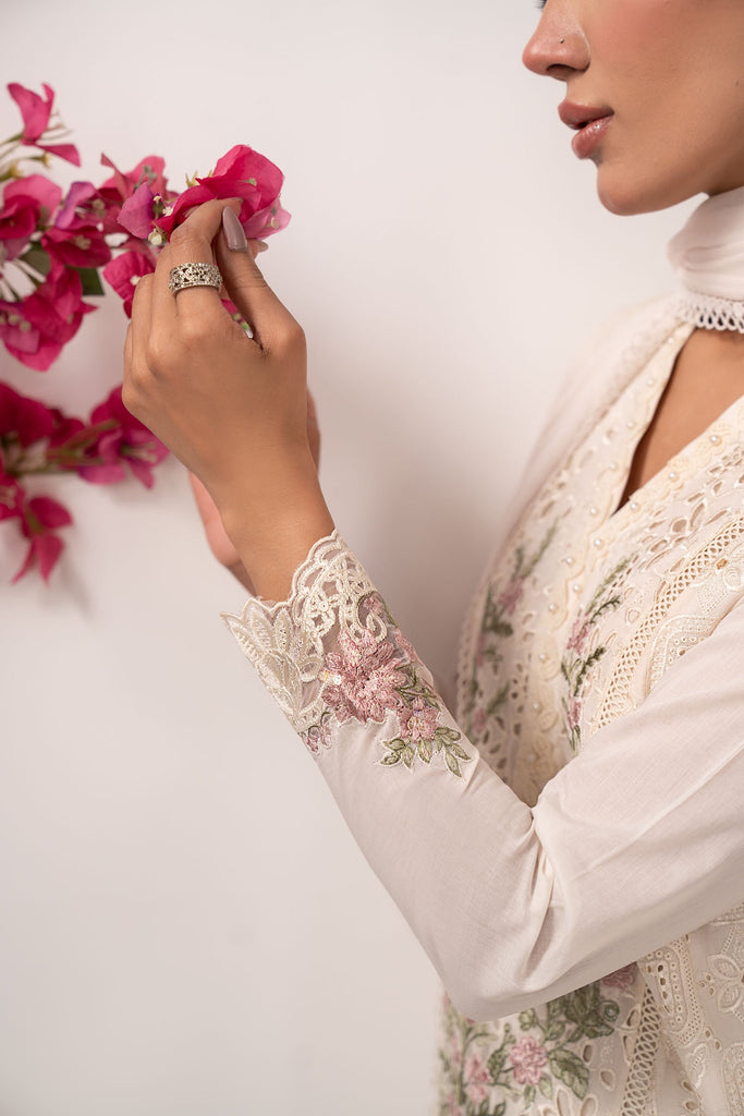 3 Piece Embroidered Lawn Suit with Organza Border - Off-White