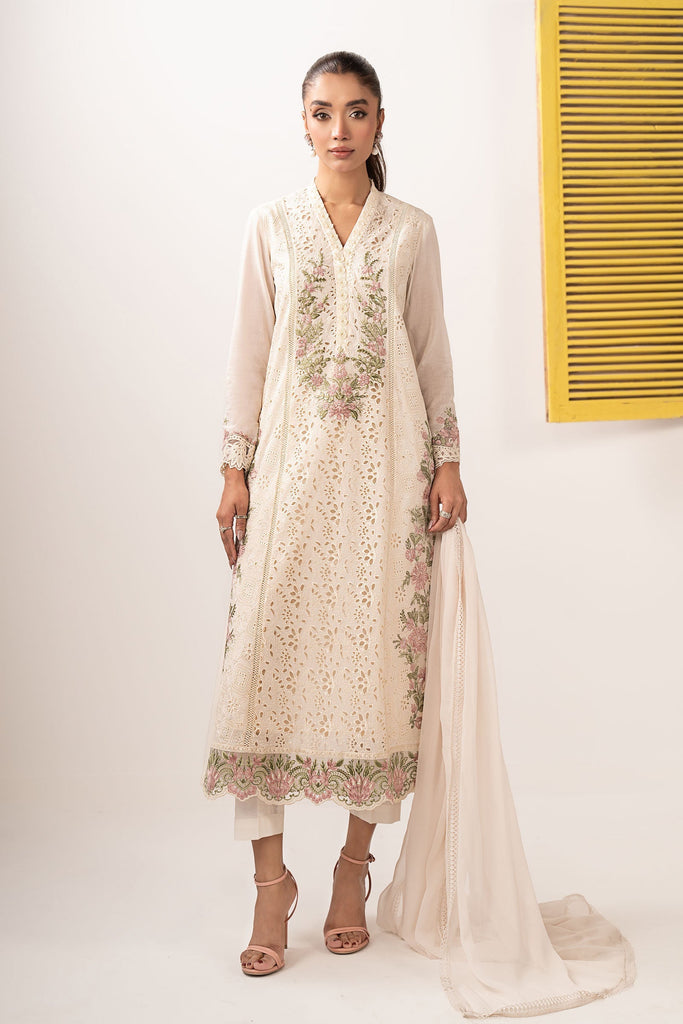 3 Piece Embroidered Lawn Suit with Organza Border - Off-White