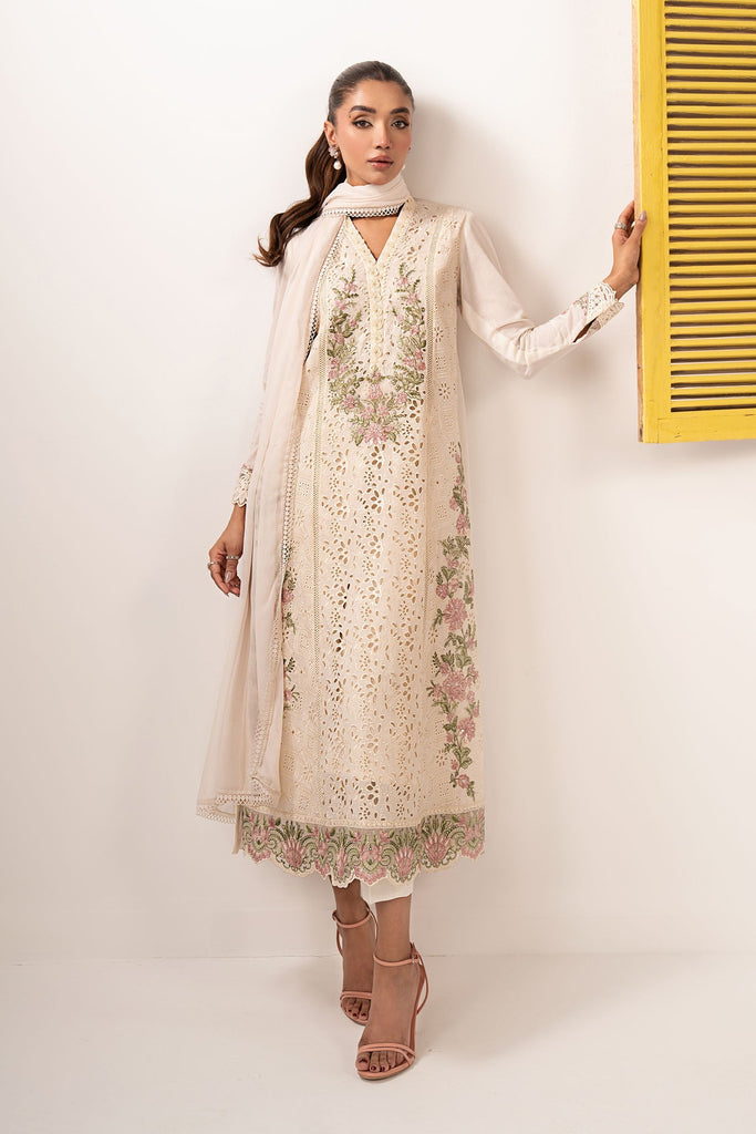 3 Piece Embroidered Lawn Suit with Organza Border - Off-White
