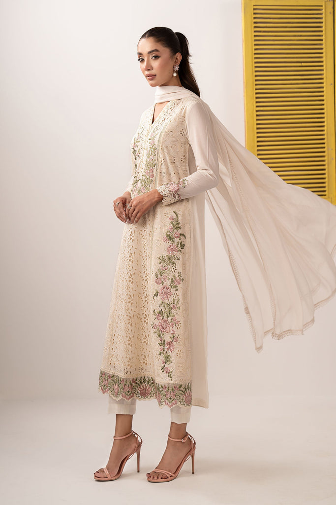 3 Piece Embroidered Lawn Suit with Organza Border - Off-White