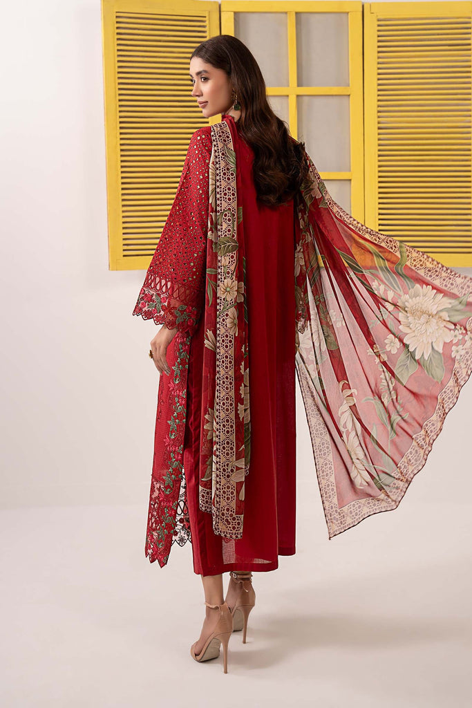 Red Dobby Lawn 3 Piece Embroidered Suit