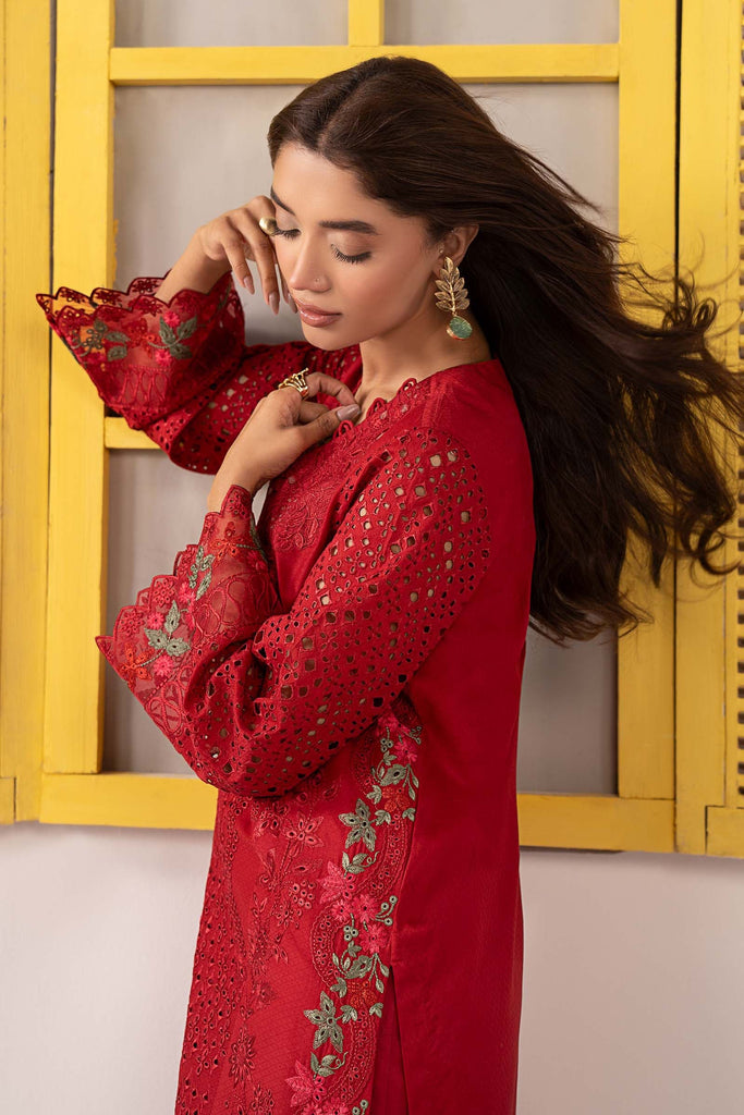 Red Dobby Lawn 3 Piece Embroidered Suit
