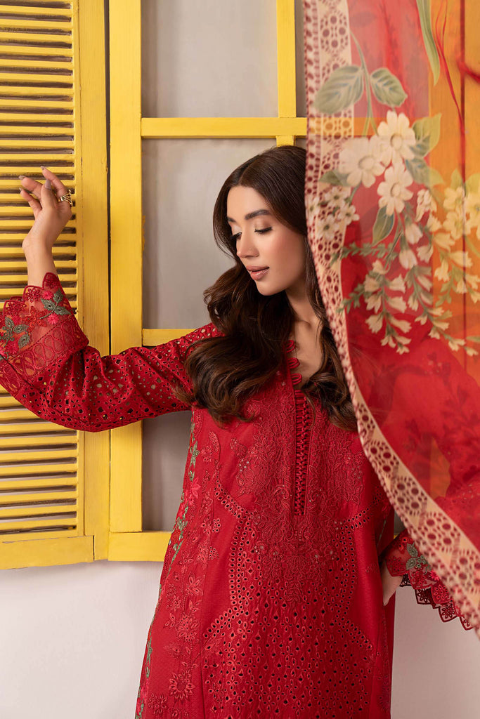 Red Dobby Lawn 3 Piece Embroidered Suit