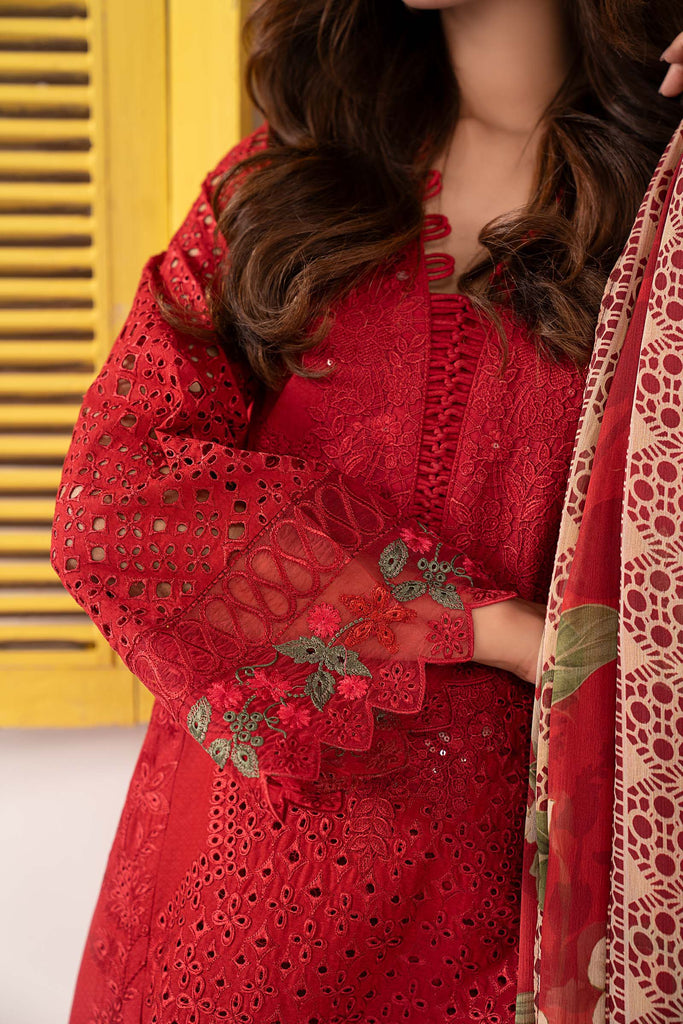 Red Dobby Lawn 3 Piece Embroidered Suit