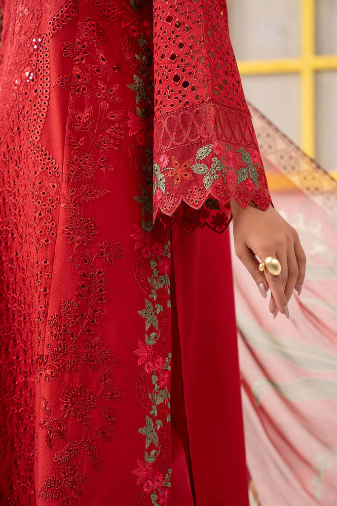 Red Dobby Lawn 3 Piece Embroidered Suit