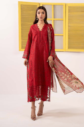 Red Dobby Lawn 3 Piece Embroidered Suit