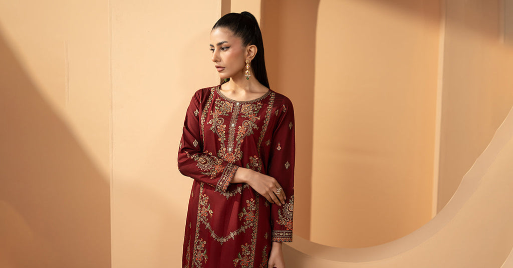 Maria.B Maroon Double Warp Silk 3 Piece Suit