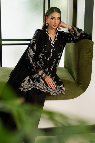 3 Piece Dobby Lawn Suit with Kashmiri Neckline - Black