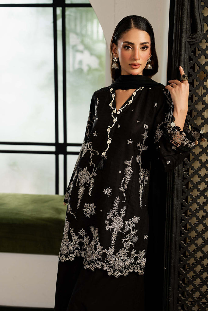 3 Piece Dobby Lawn Suit with Kashmiri Neckline - Black