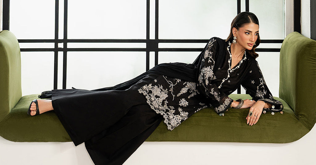 3 Piece Dobby Lawn Suit with Kashmiri Neckline - Black