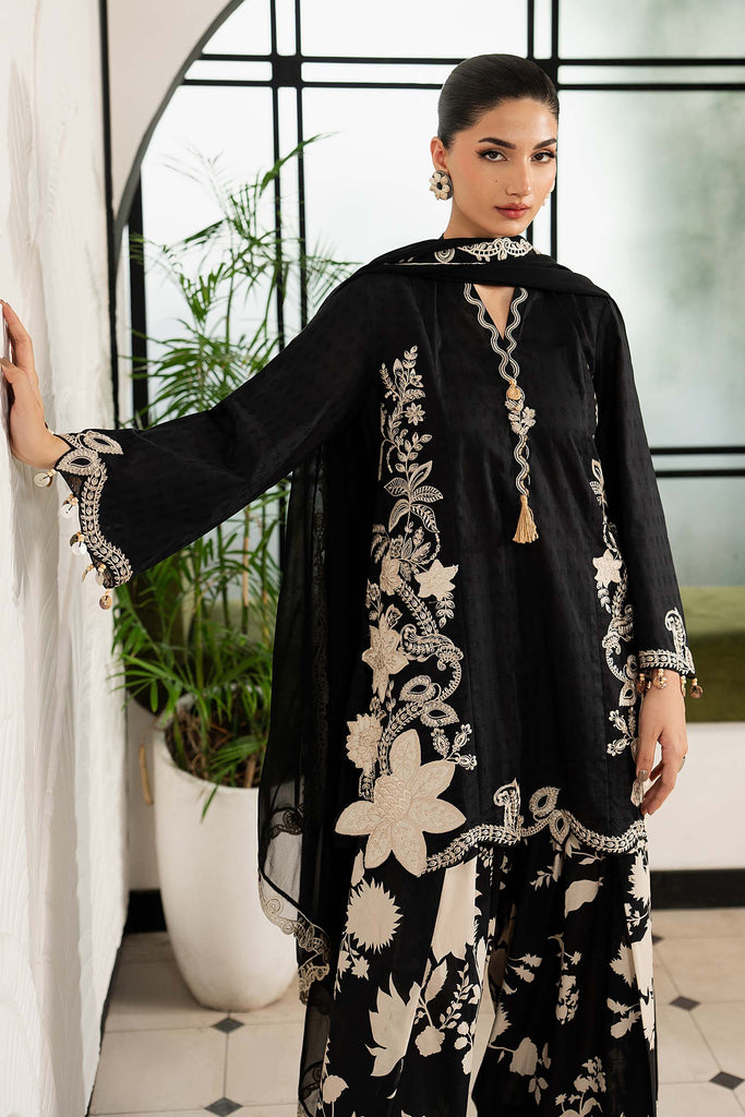 3 Piece Dobby Lawn Suit with 3D Flowers - Black