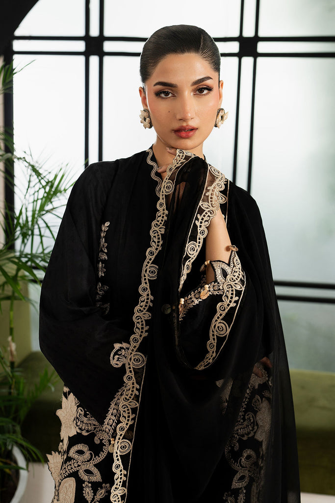 3 Piece Dobby Lawn Suit with 3D Flowers - Black