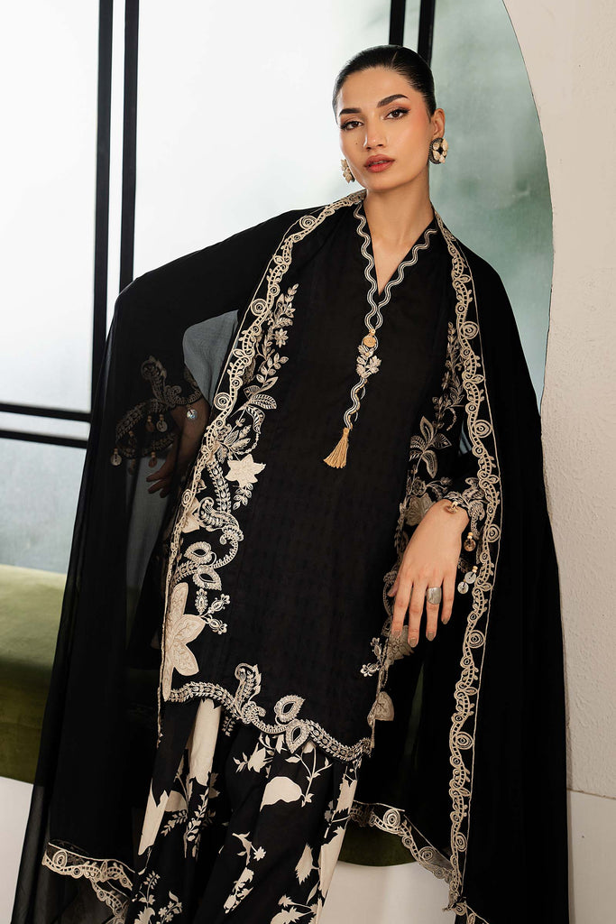 3 Piece Dobby Lawn Suit with 3D Flowers - Black