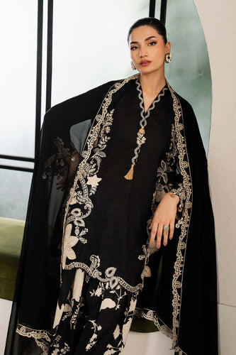 3 Piece Dobby Lawn Suit with 3D Flowers - Black
