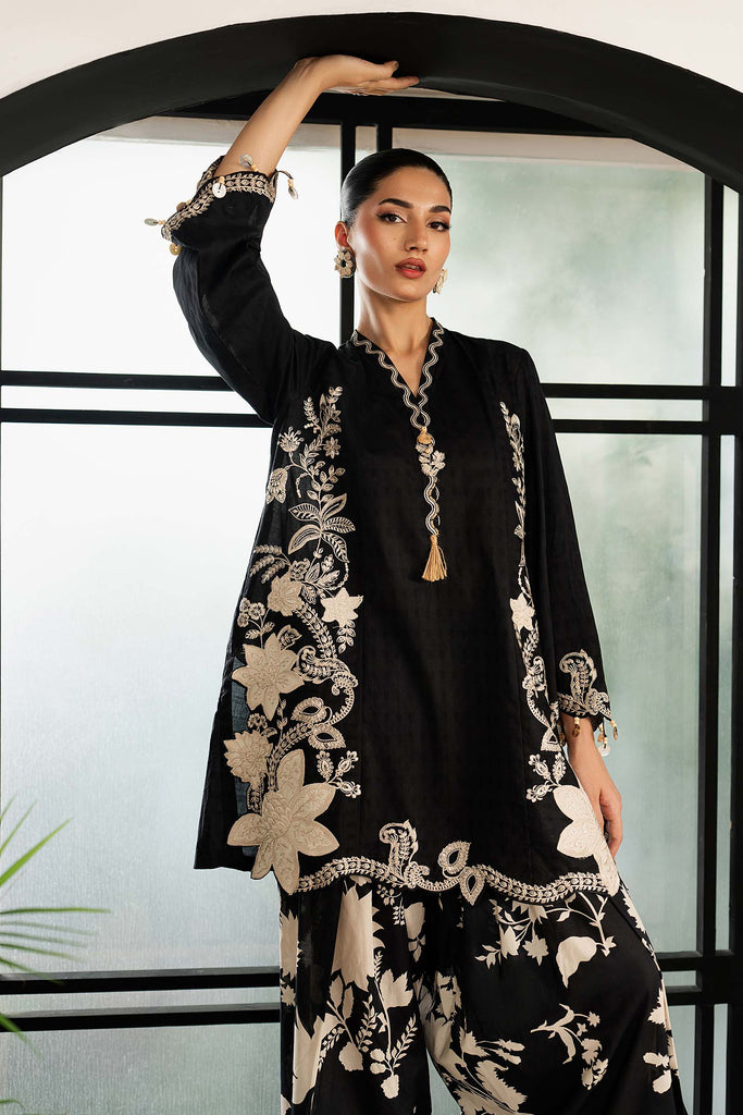 3 Piece Dobby Lawn Suit with 3D Flowers - Black