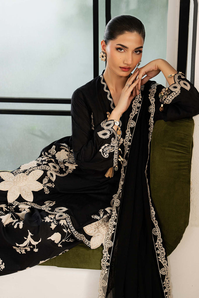 3 Piece Dobby Lawn Suit with 3D Flowers - Black