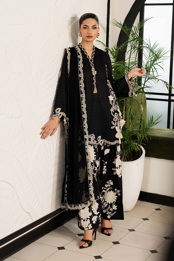 3 Piece Dobby Lawn Suit with 3D Flowers - Black