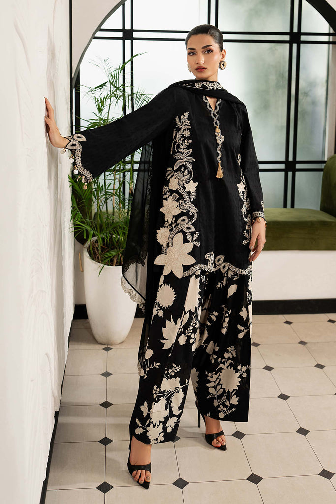 3 Piece Dobby Lawn Suit with 3D Flowers - Black