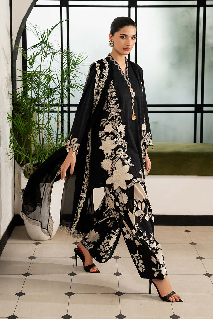3 Piece Dobby Lawn Suit with 3D Flowers - Black
