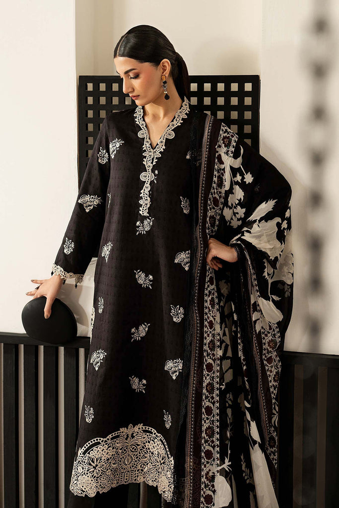 3 Piece Embroidered Dobby Lawn Suit - Black