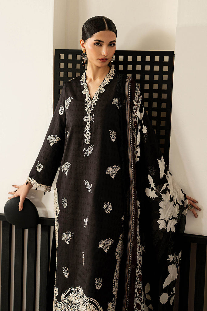 3 Piece Embroidered Dobby Lawn Suit - Black