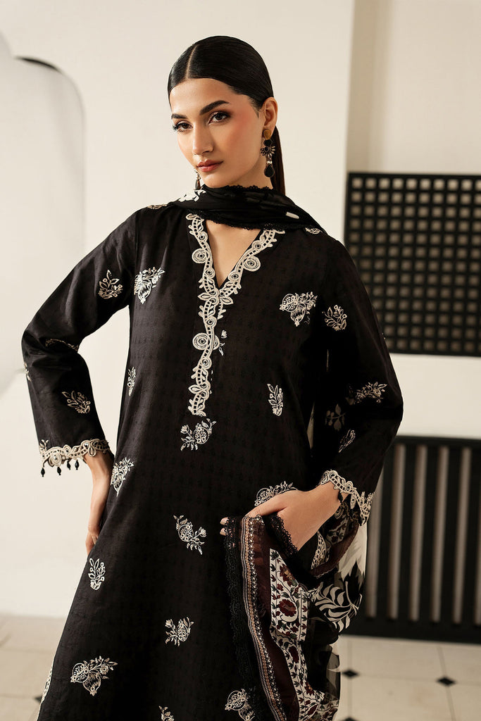 3 Piece Embroidered Dobby Lawn Suit - Black