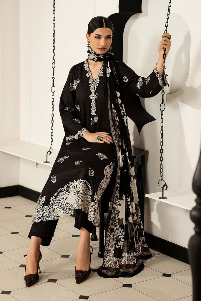 3 Piece Embroidered Dobby Lawn Suit - Black