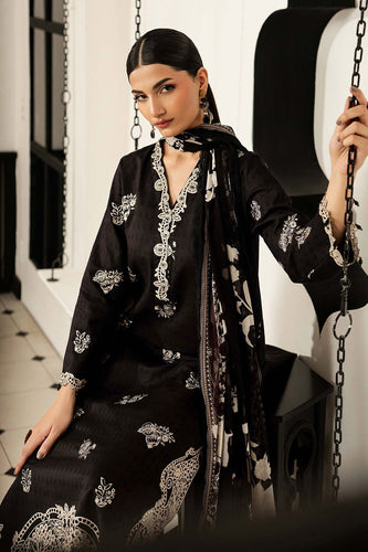 3 Piece Embroidered Dobby Lawn Suit - Black