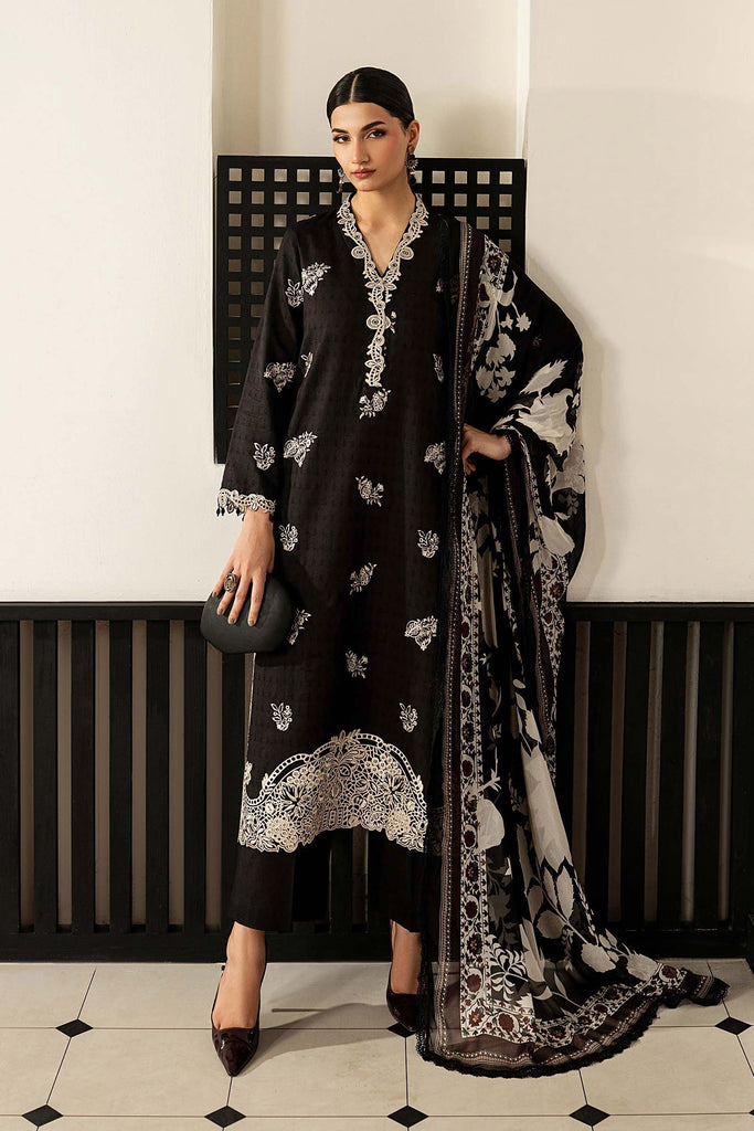 3 Piece Embroidered Dobby Lawn Suit - Black