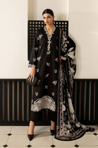 3 Piece Embroidered Dobby Lawn Suit - Black